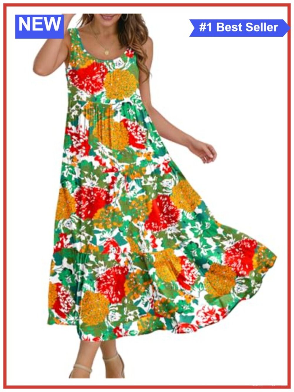 Flowy Boho Floral Midi Sundress with Pockets Summer Beach Dress